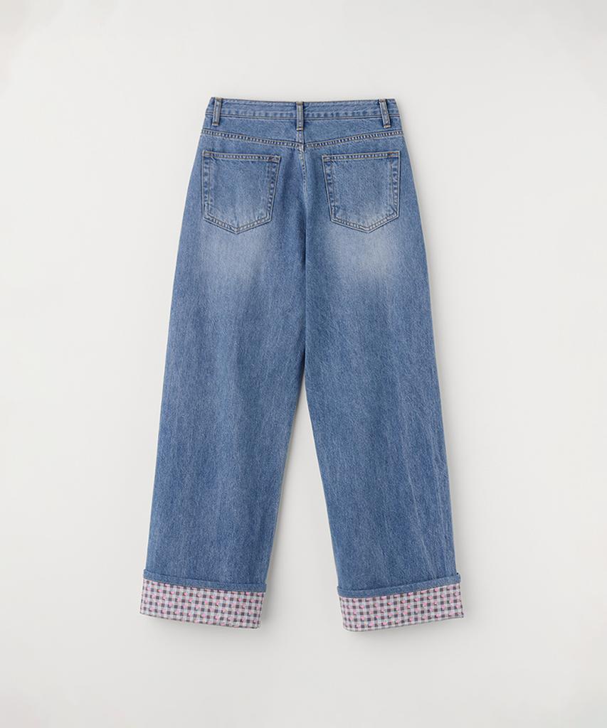 Selliteiljeu Check Flower Roll-Up Denim Pants_Blue