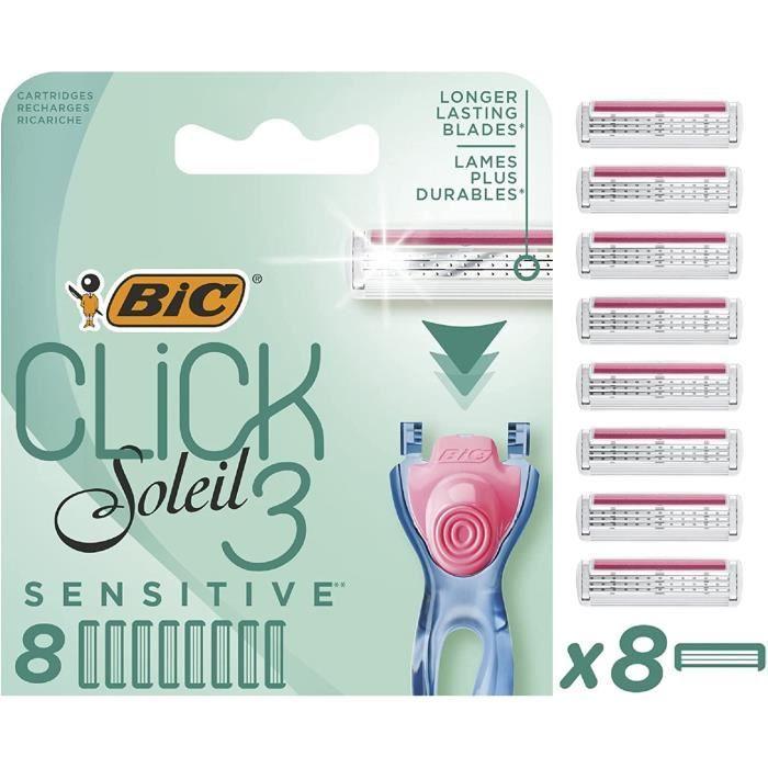 BIC Click 3 Soleil Sensitive Recharges Rasoir Femme 3 Lames Mobiles et Bande Lubrifiante - Boîte de 8 recharges