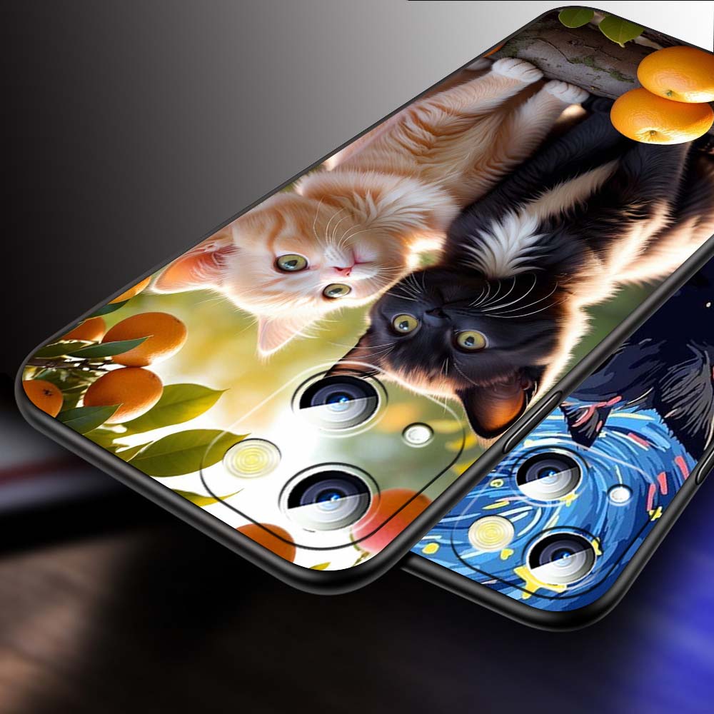 Cute cartoon cat illustration For Apple iPhone 17 16 16E 15 14 13 12 11 Pro Max Plus Black Soft Silicone Phone Case