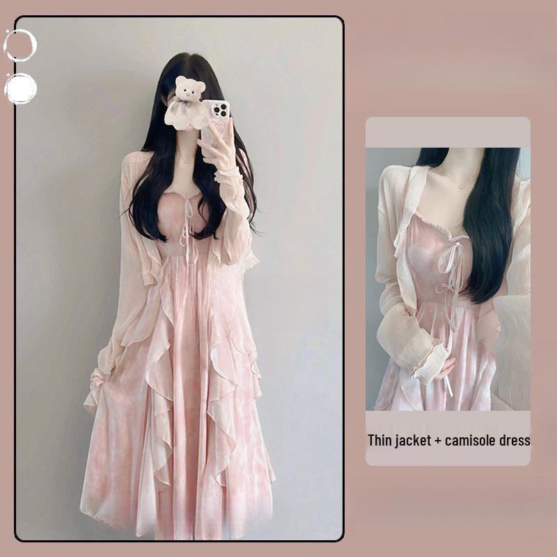 Spring 2026 Women's Sweet Ruffle Maxi Dress Set with Jacket and Cinched Waist Spaghetti Straps