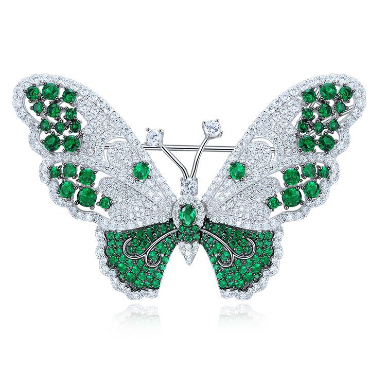 Luxury Fashion Fine Jewelry Silver Custom Animal Zircon Pearls Butterfly Pins Brooches for Women Rhodium Plated зелёный