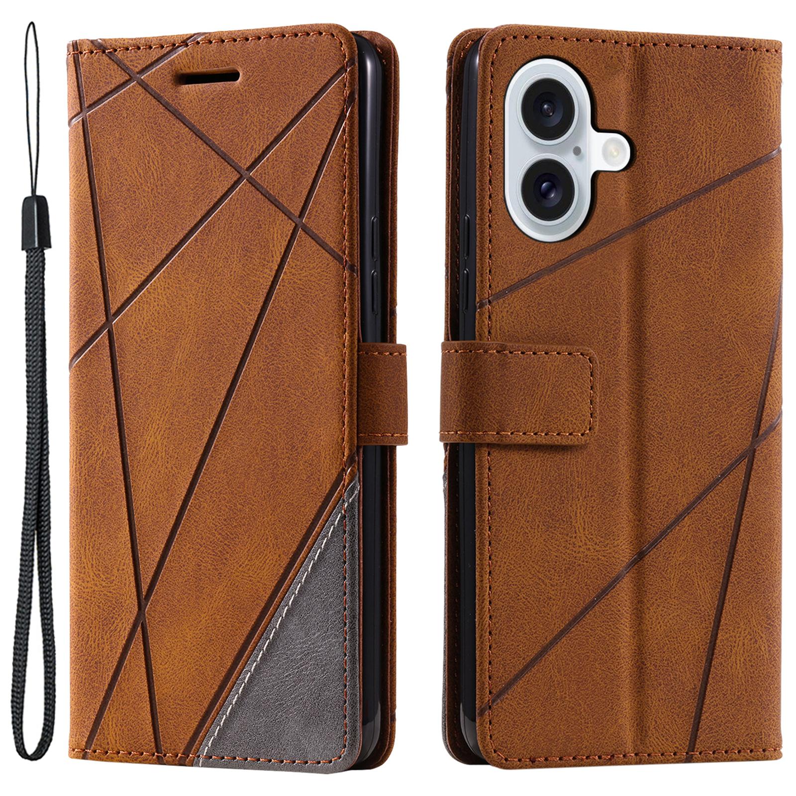 

For iPhone 16 Plus Case Imprinted Lines PU Leather Splicing Wallet Phone Cover Brown