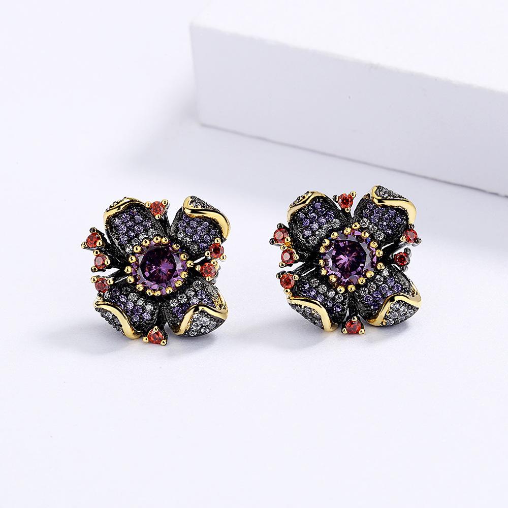 New Personality Flower-Shaped Earrings Fashion Sunflower Purple Zircon Black Gold Earrings Wedding Party Jewelry Gift