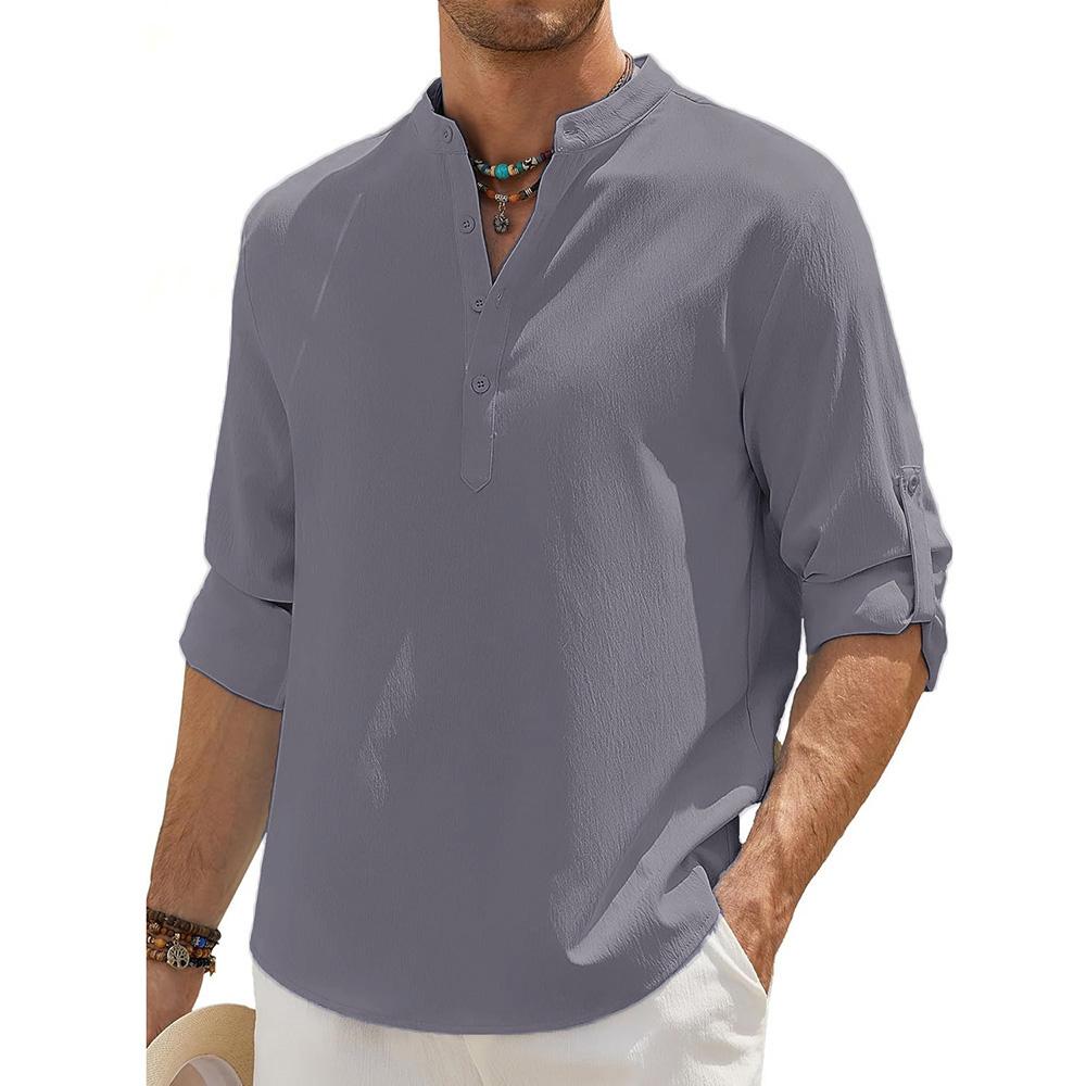 Men's Cotton Linen Long Sleeve Polo Shirt Henley Neck Lightweight Breathable Casual Button Tops Beach Style Simple Male Clothing