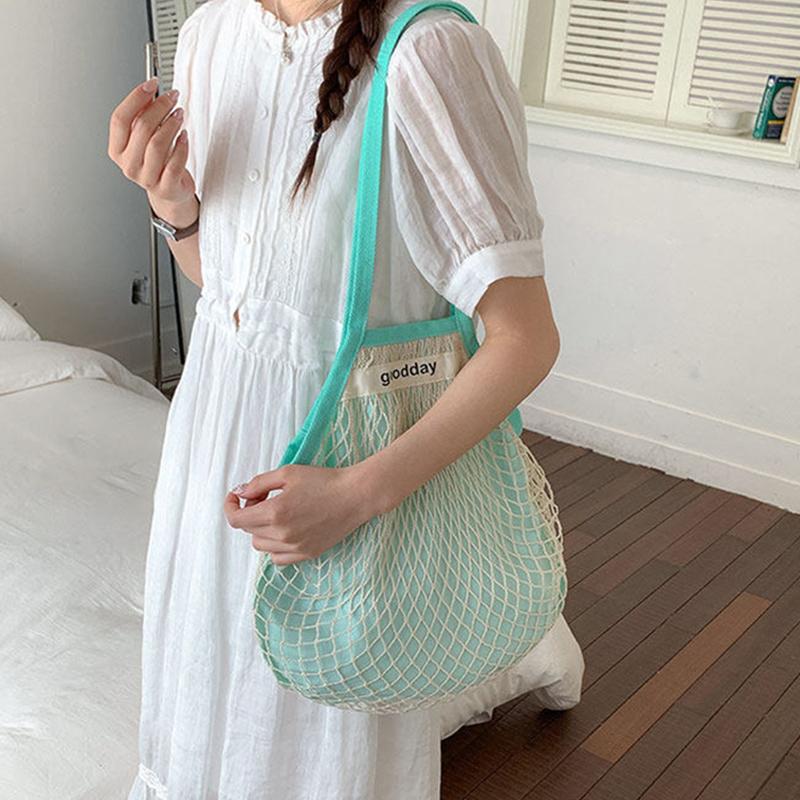 Korean Mesh Net Tote Bag Women Large Capacity Summer Hollow Out Beach Bag Lightweight Shoulder Bag For Vacation Shopping Handbag