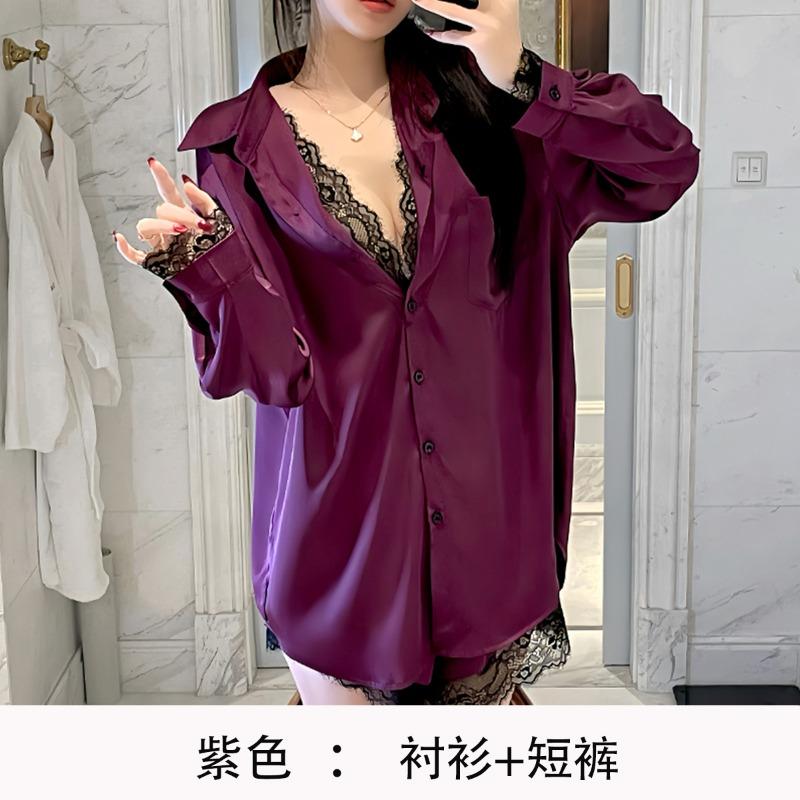 Boyfriend style shirt sexy large size pajamas pure lust thin lace fake two pajamas loungewear