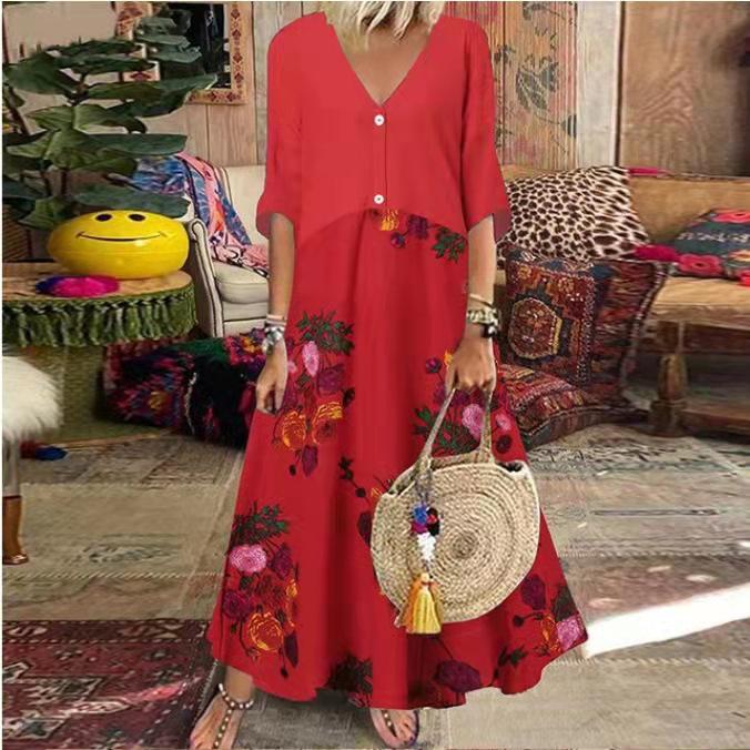 V-neck Short-Sleeve Printed Long Button-Up Casual Dress