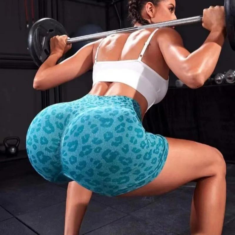 Women Leopard Print Shorts Slim Seamless Leggings High Waist Sexy Hip Liftting Knit Gym Running High Elastic Yoga Shorts