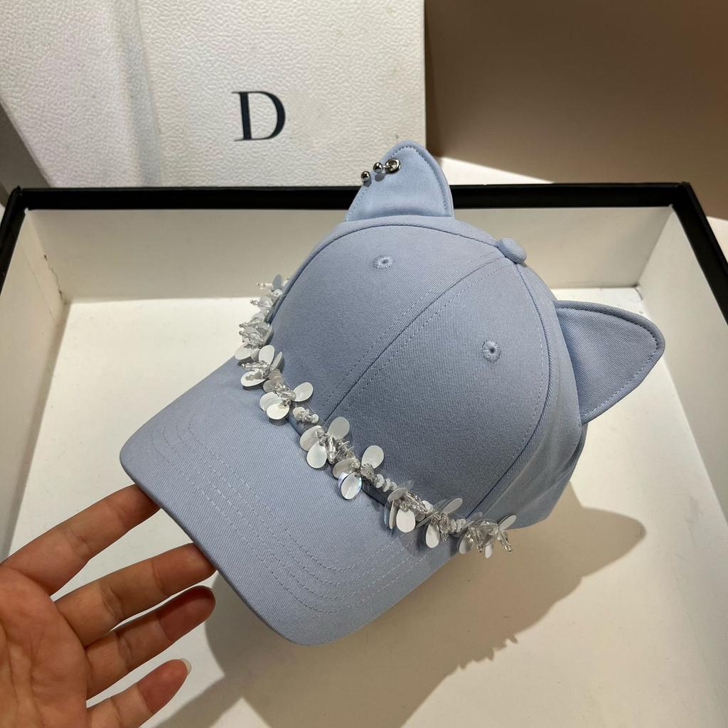 Spring and Summer New Sweet Cat Ears Cute Baseball Cap Small Fragrant Wind Crystal Couple Hard Top Cap