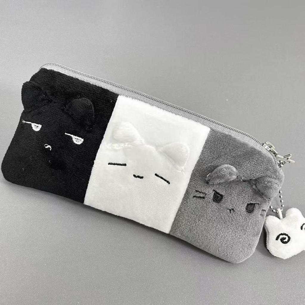 Three-Color Cat Plush Pencil Case – Black, White, Gray | Large Capacity Student Stationery Holder