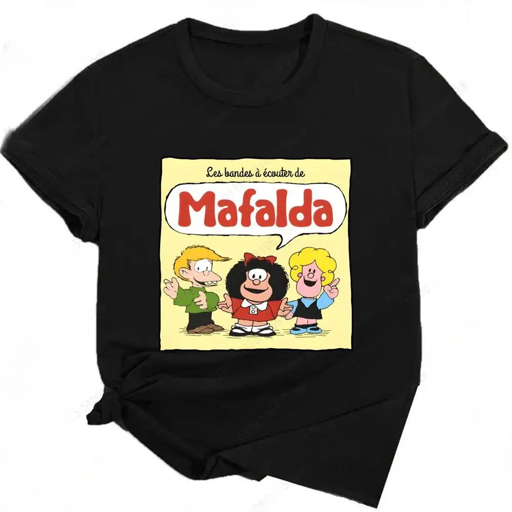 Mafalda Printed Fun Pattern T-shirt for Women Summer Y2K Harajuku Girls Street Dress Cute Cartoon Kawaii Black Women's Wear