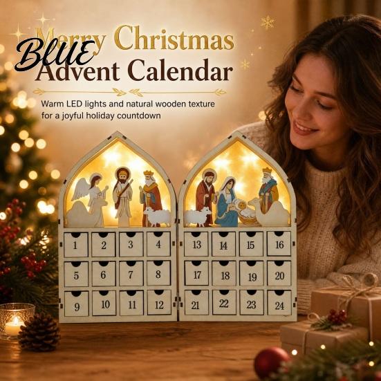 Advent Calendar with Drawers 24 Days Wooden Nativity LED Lights Foldable Christmas Countdown Boxwood Keepsake Gift Calendar House Shape Surprise