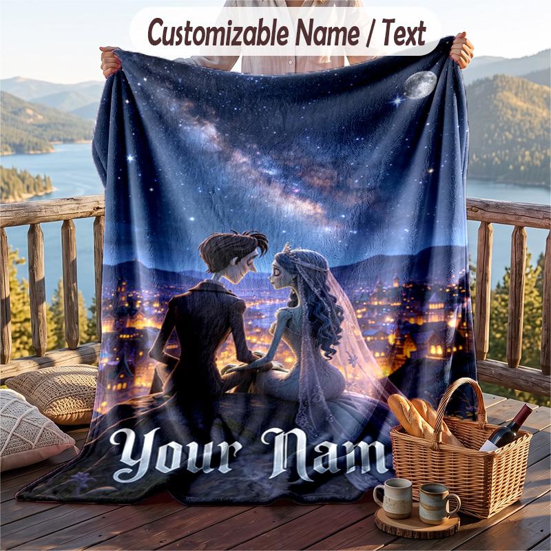 Custom Text Flannel Throw Blanket, Lightweight Cozy Bed Sofa BlanketCorpse Bride Emily Victor