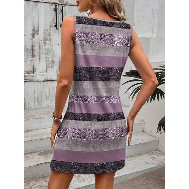 Women's Colorful Stripes Printed Sleeveless Round Neck Dress Loose Soft and Comfortable Plus Size Dress