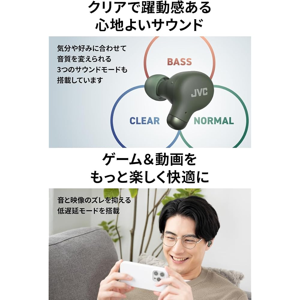 JVC Kenwood JVC HA-Z251T-G Wireless Earphones, Bluetooth Ver 5.3, Noise Cancelling, Ambient Sound Passthrough, Built-in Microphone, Up to 28 Hours Pla