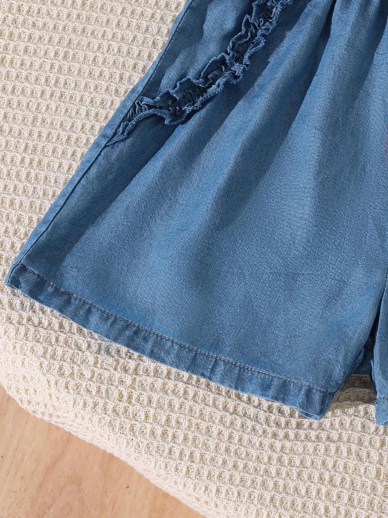 Girls' Fashionable & Versatile Lace-Trimmed Faux-Denim Shorts (Summer Style)