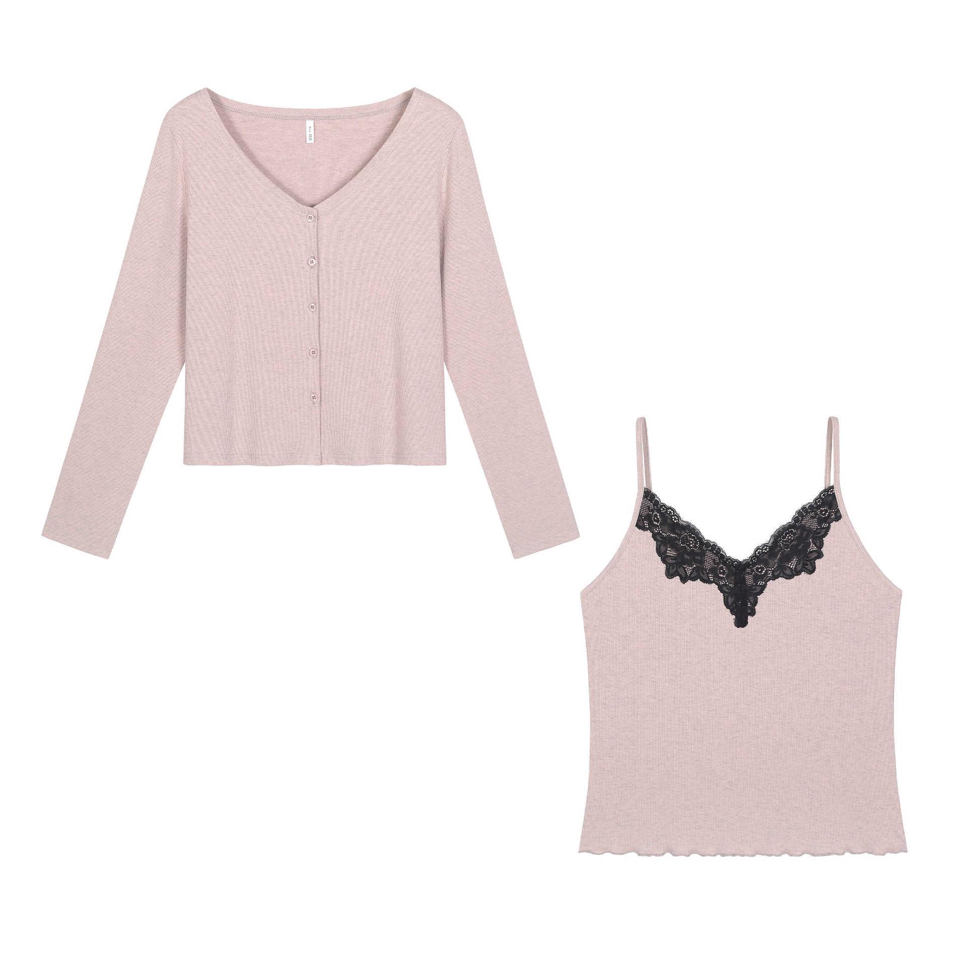 

V-Neck Cardigan & Lace Trim Vest Set - Slimming, Plus Size, Spring Style Women s Clothing 66149 3XL (suggested 80-90 kg) светло-розовый