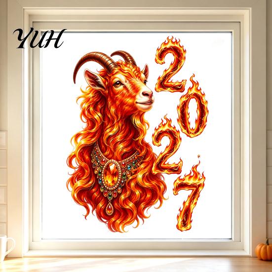 2027 New Year Decorations of Goat Window Cling, Lunar Zodiac Glass Auspicious Ornaments Sticker, Flame Style Spring Festival Door Decor for Home Shop