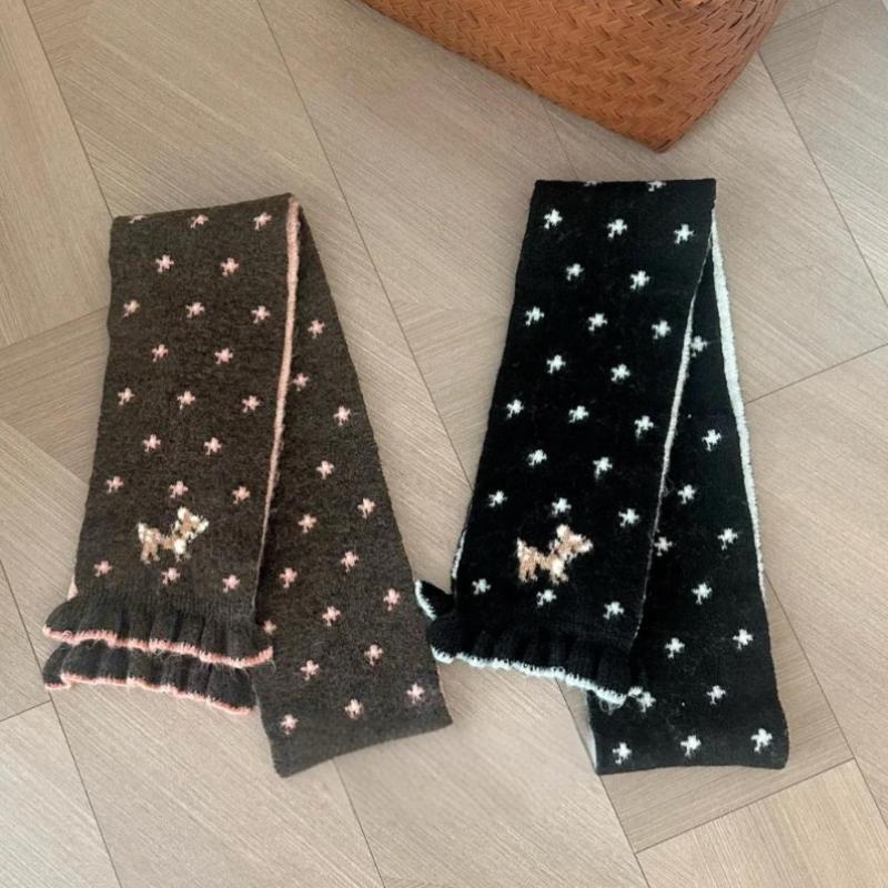Ladies' Scarves Korean Cartoon Deer Floral Kawaii Sweet Versatile Cute Scarfs Thicked Warm High-Quality Cashmere Knitted Scarfs