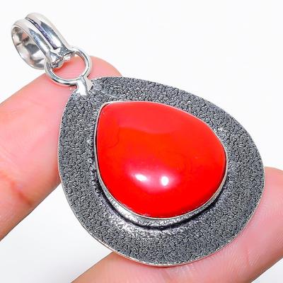 Italian Red Coral Gemstone 925 Sterling Silver Jewelry Pendant 2.01" D3U52