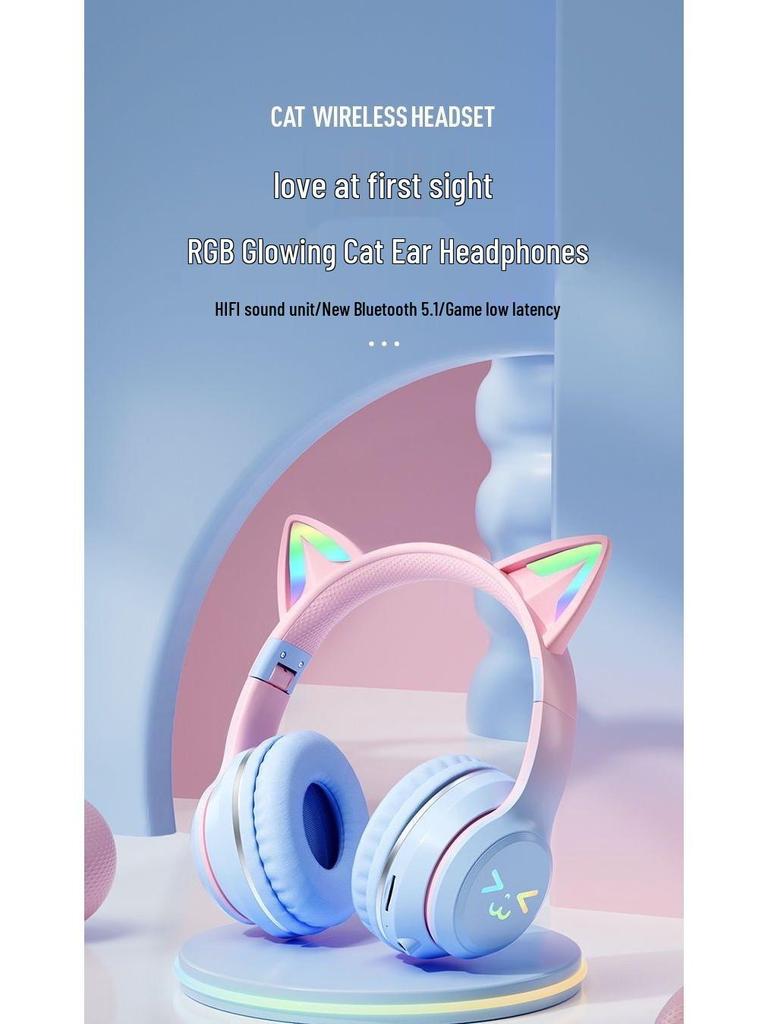 Gradient Cat Ear Bluetooth Over-Ear Headphones: High-Value, Wireless Stereo, Perfect for Gaming & E-Sports