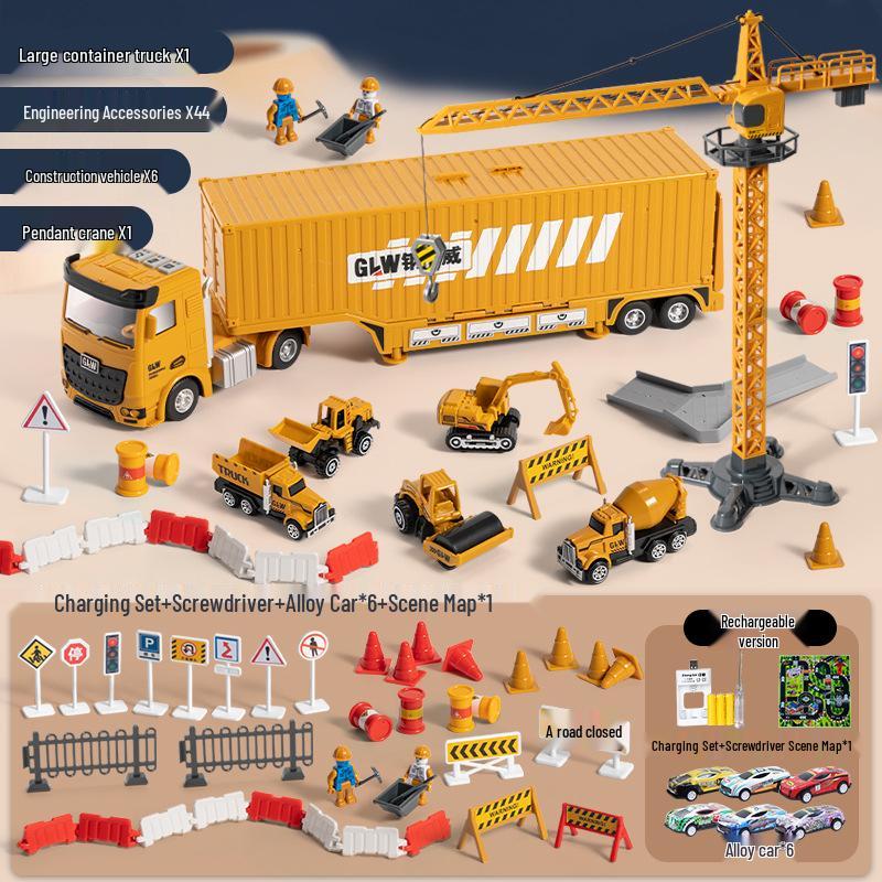 Multifunctional Alloy Construction Truck Toy Set: Excavator, Crane, and Transporter for Children