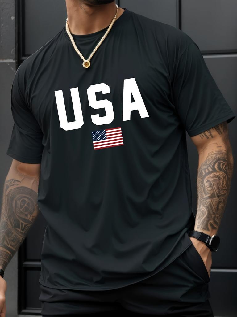 Pánské ležérní tričko s kulatým výstřihem a potiskem vlajky USA, pletenina, regular střih s krátkým rukávem