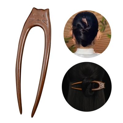 Chinese Cat Pattern Wooden Hair Sticks U Shaped Hair Fork Hair Accesories for Women and Girls Hanfu Headwear