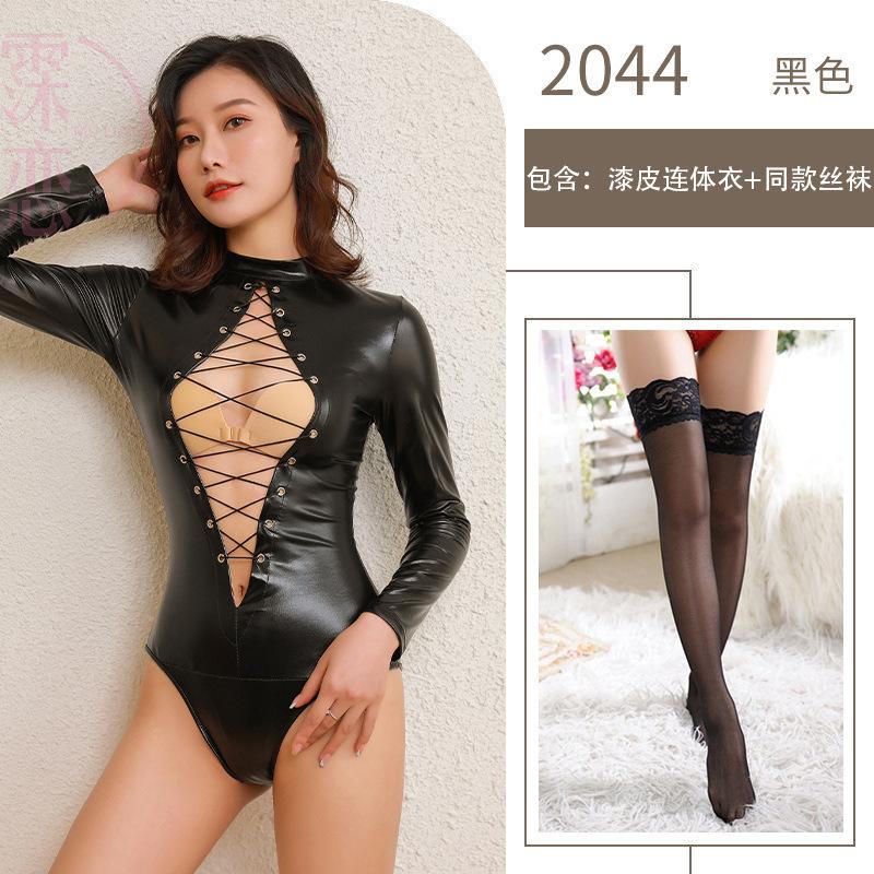 Patent Leather Uniform Seduction Breast One-piece Sex Underwear Sexy Open Crotch Tight Nightclub Performance Suit Pure Desire