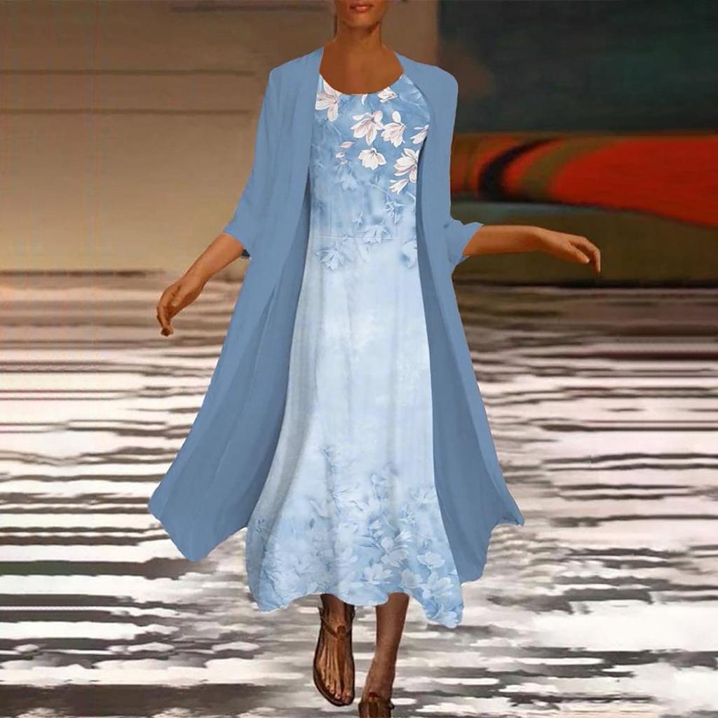 Zweiteiliges Set-Kleid für Damen, lässig, modisch, bedruckt, O/Ausschnitt, mittellang, Länge