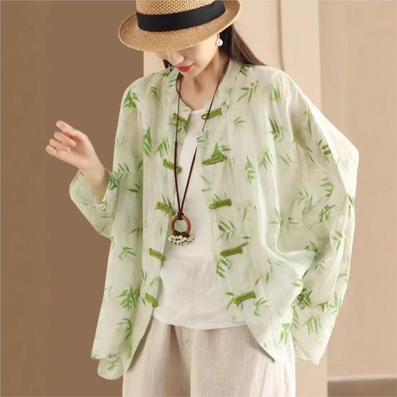 Johnature Women Vintage Bat Sleeve Shirts Stand Button Loose Blouses Spring Print Floral Chinese Style Shirts Top