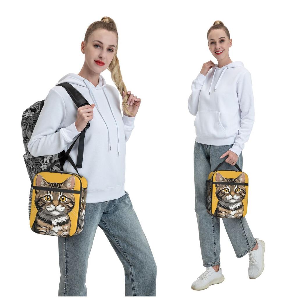 Cute Tabby Cat Face Insulated Lunch Bag for Women Kids Portable Food Boxes Thermal Lunch Box Tote