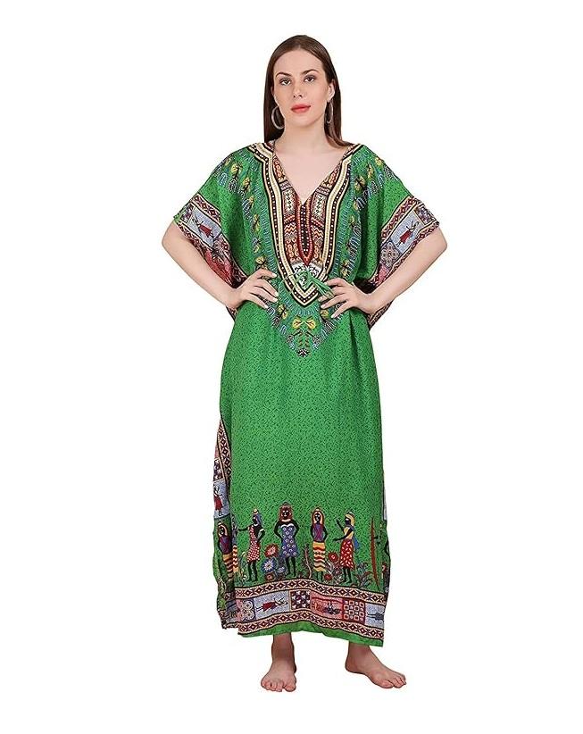 TreegoArt Fashion Women's Polyester Long African Kaftan Caftan Printed Adjustable Boho Dress Nightwear Maxi Gown