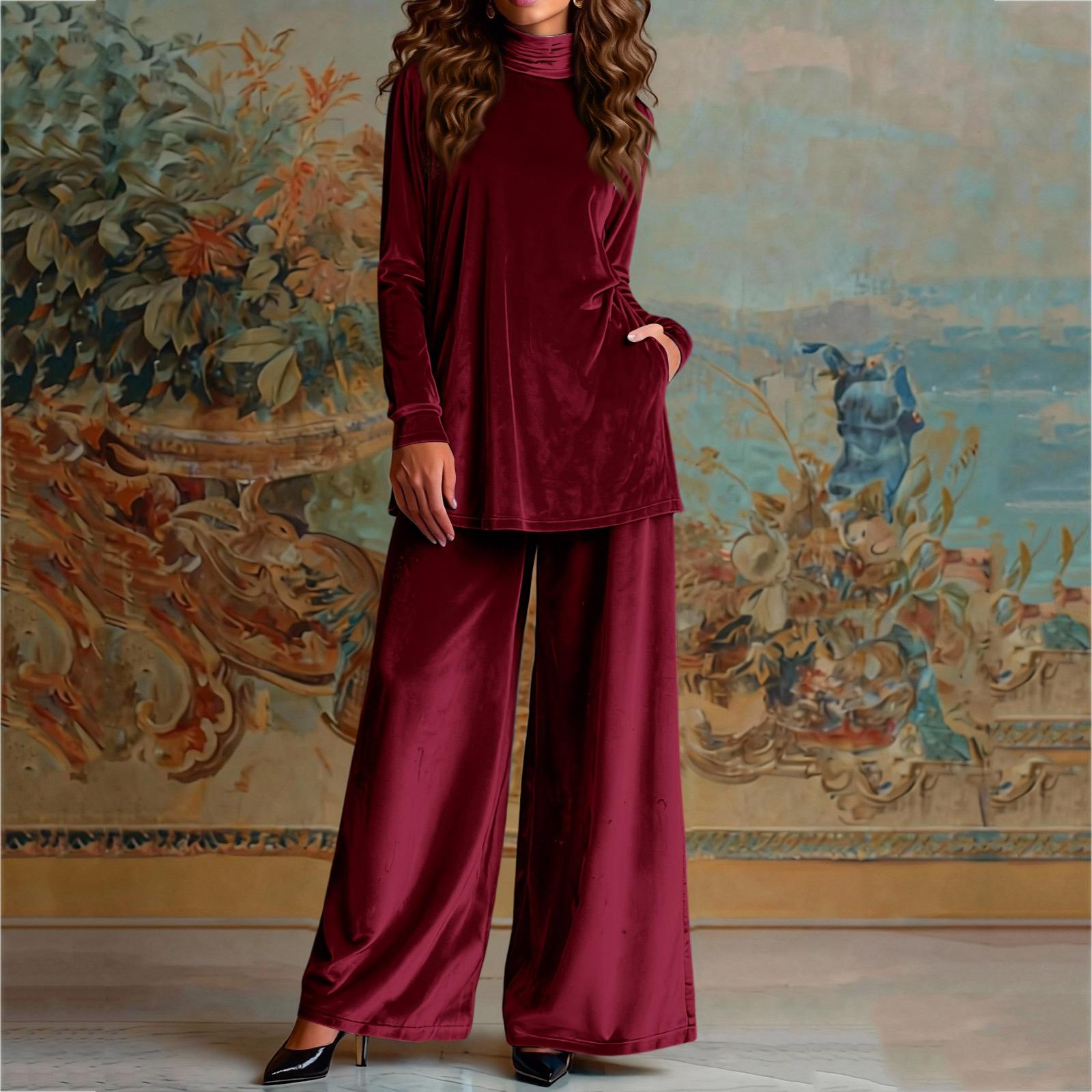 

Women s Fashionable Casual Velvet Loose,fitting High,neck Slit Top And Wide,leg Pants Set M червоний
