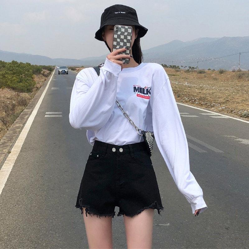 Ripped denim shorts summer new straight loose high and thin high waist wide leg jeans women