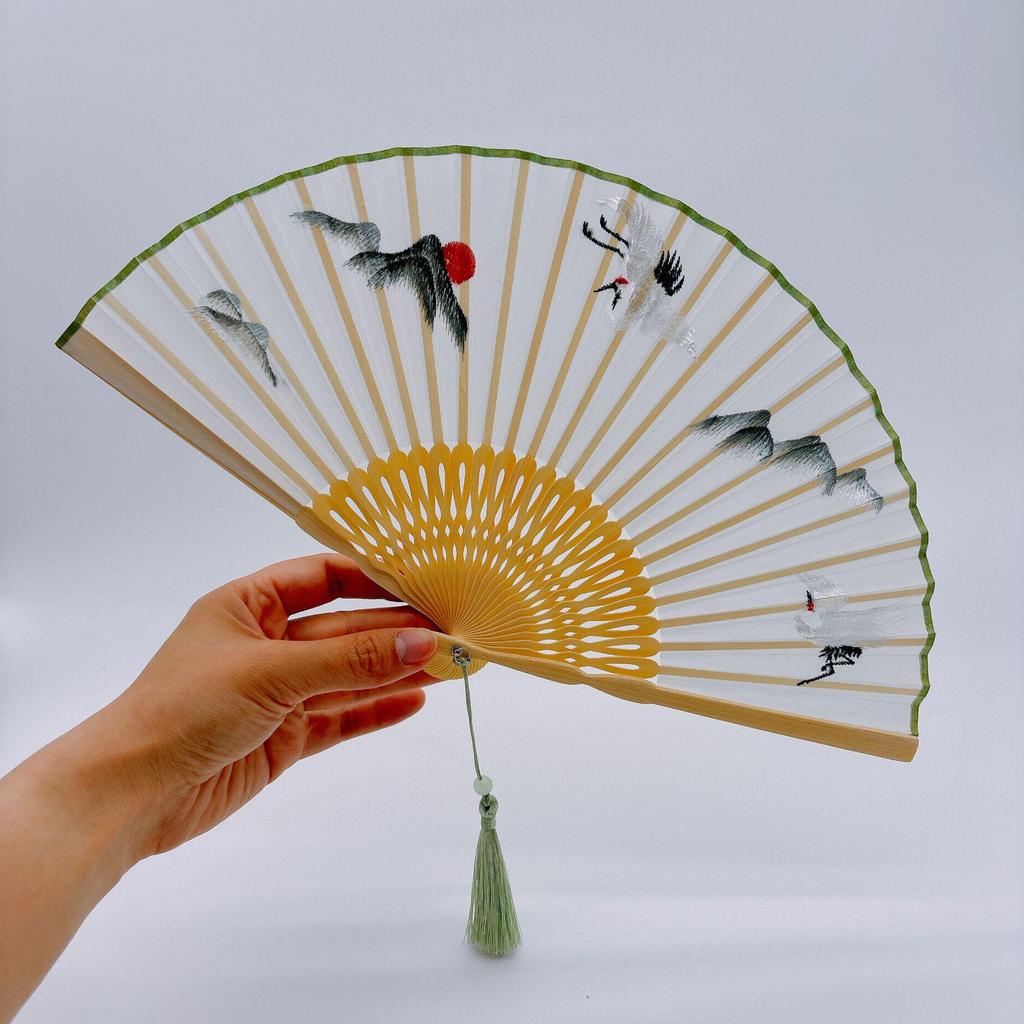 Old Changmen Suzhou Double-Sided Embroidery Folding Fan: Ancient Cheongsam Style for Women