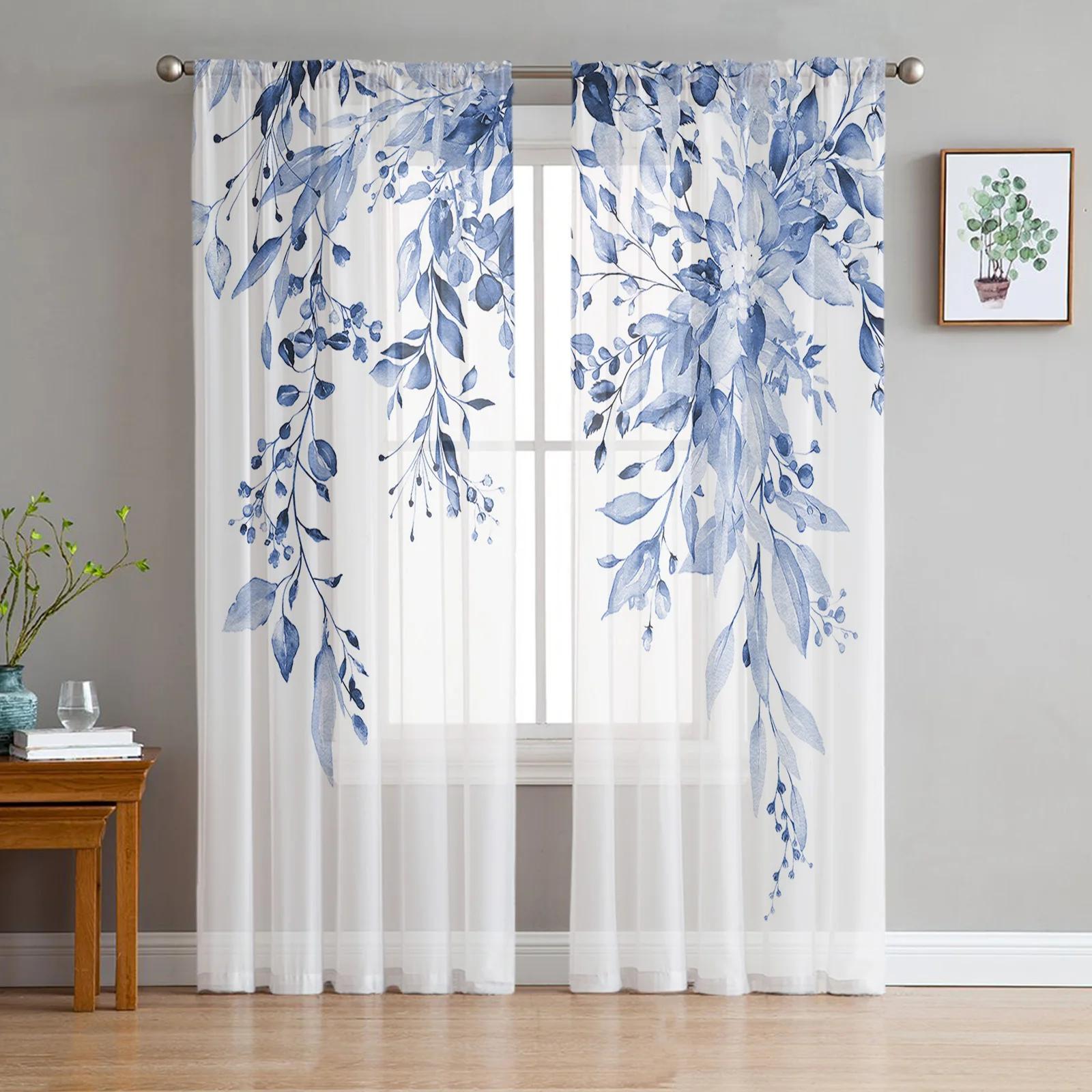 

Весенние акварельные растения листья эвкалипта прозрачные шторы для украшения гостиной оконные занавески для кухни тюль вуаль шторы W135 x H115cm x1&Grommet Top