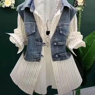 Women's Spring and Fall Casual Design Denim Shirt Splicing Square Collar Temperament Tops
