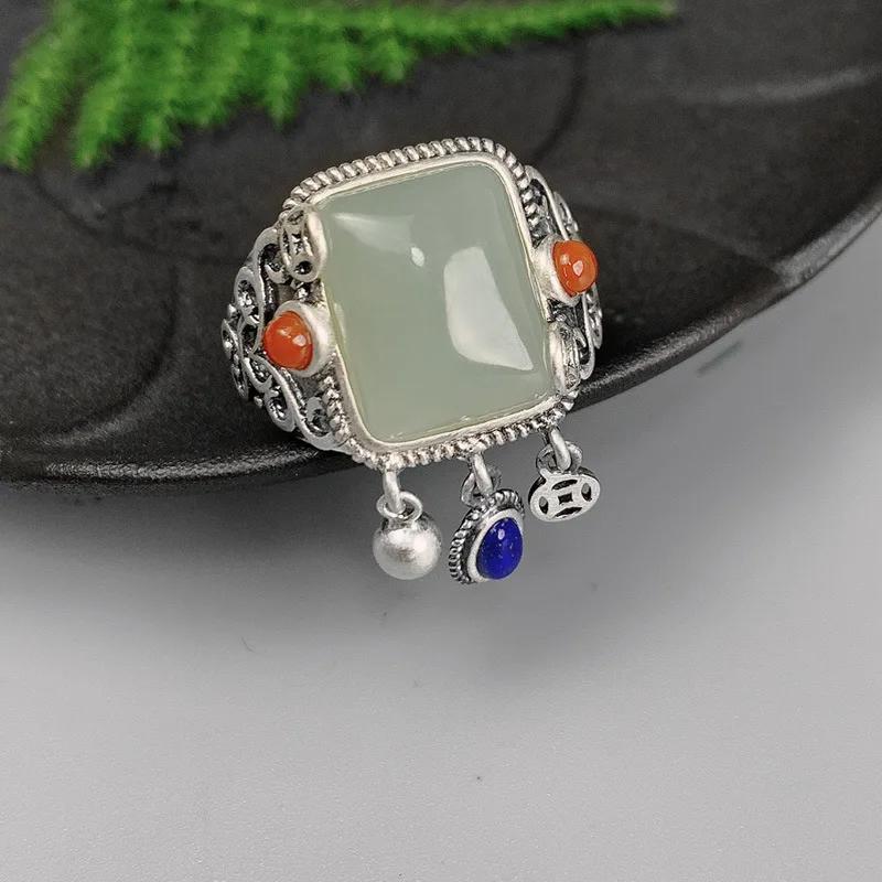 

Винтажные натуральные зеленые кольца из хотано-жадеита для женщин в национальном стиле с кисточками из лазурита, классические геометрические украшения resizable