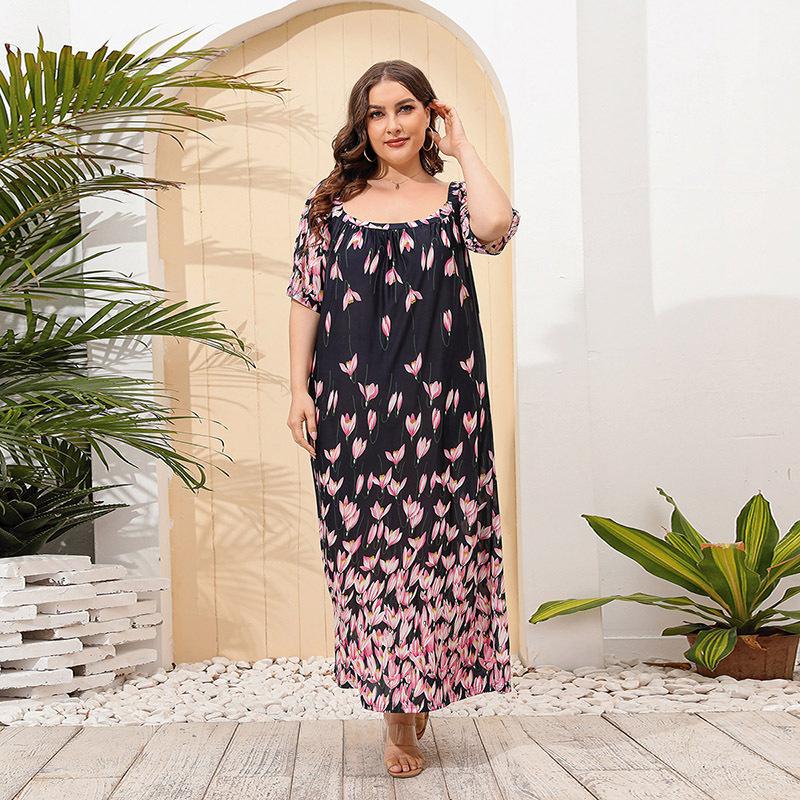 Summer Women's Dress Plus Size Loose Loungewear Long Dresses Short Sleeve Floral Long Dresses