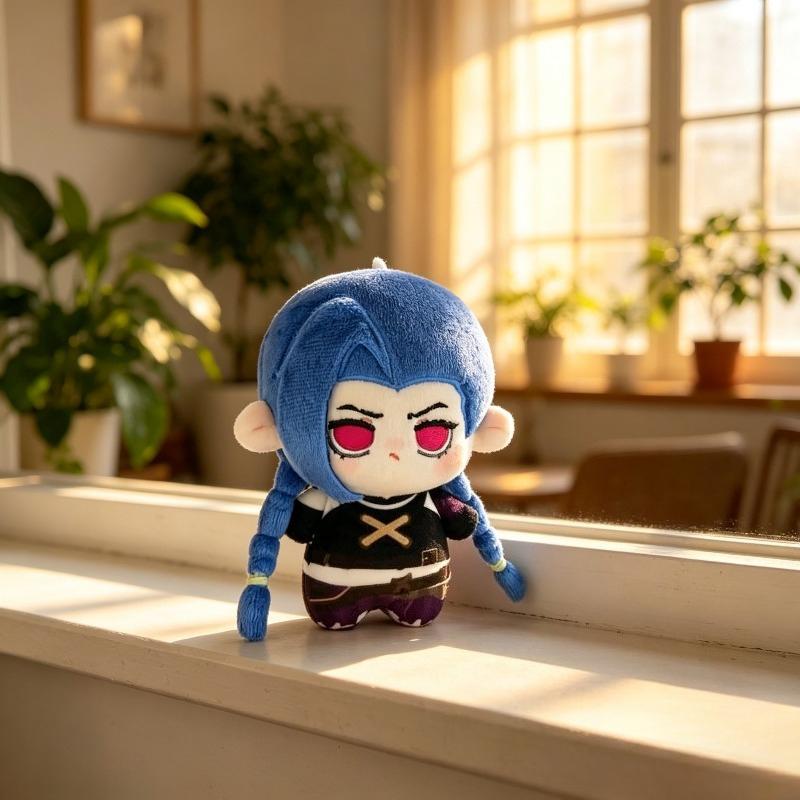 League of Legends 10cm Jinx Mini Plush Keychain Chibi Girl Blue Braids Pink Eyes Outfit Soft Stuffed Pendant Gift for LOL Game Anime Fans Collectors