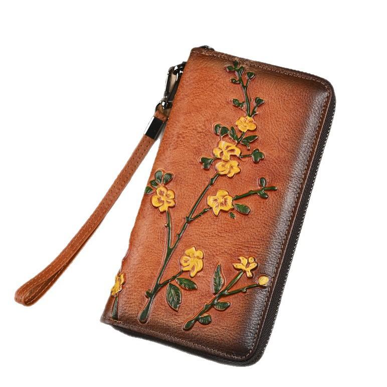 Head Layer Cowhide Long Women's Wallet Retro Embossed Handbag with High-end Feel