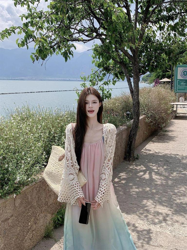 Korean Sweet Gradient Spaghetti Strap Beach Dress - 2026 Summer Seaside Vacation Design