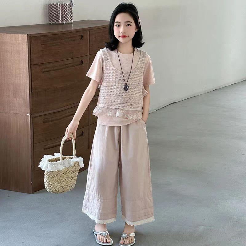 

Girls Summer Clothes Set Fashion Lace Splicing Children s Cardigan+Short Sleeved+Long Pants Three Piece Set 120 [height 105-115cm]