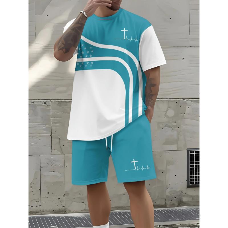 2025 New Summer Men's Letter Printed Comfortable and Breathable Round Neck T-shirt and Shorts Set Solid Color Colo Sportswear