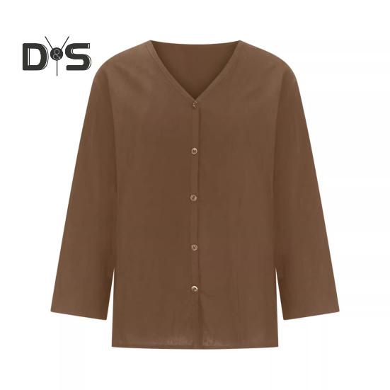 Dámská košile volného střihu s výstřihem do V a 3/4 rukávy, letní top se zapínáním na knoflíky, jednobarevné ležérní tričko pro každodenní nošení