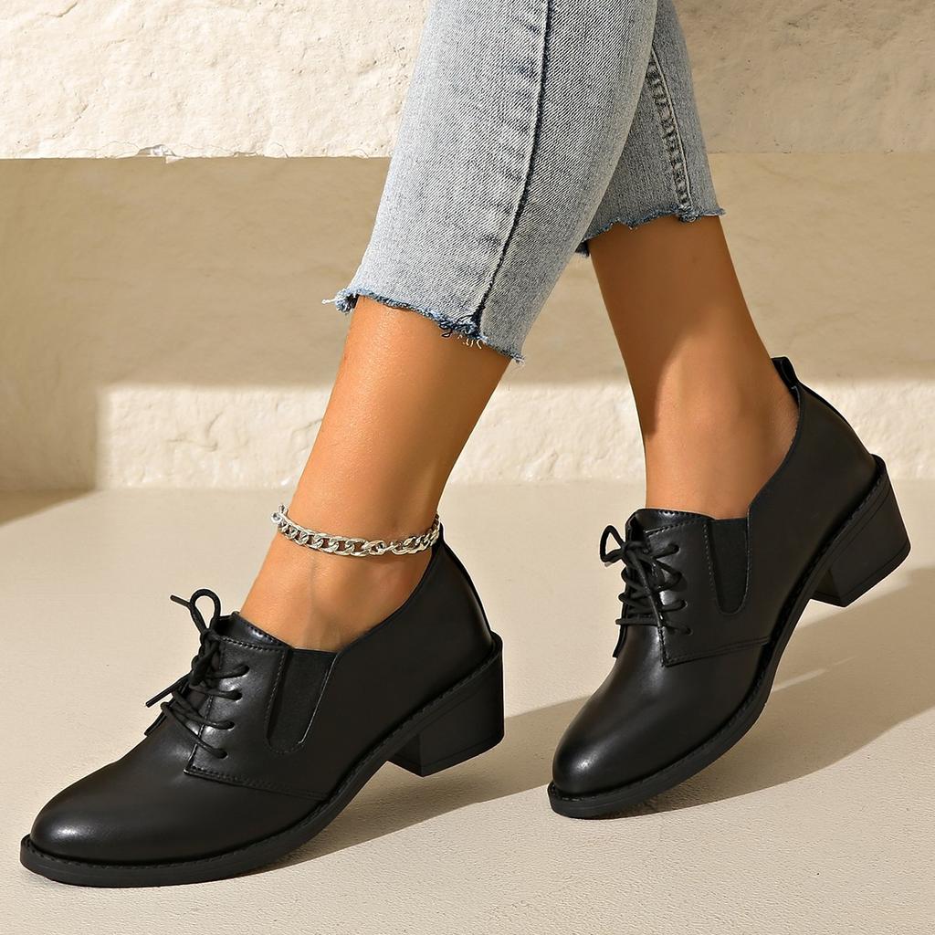 2025 New Deep Mouth Small Leather Shoes High Heels Spring and Autumn New Middle Heel Lace-up Mother Shoes Thick Heel Single Shoes Women