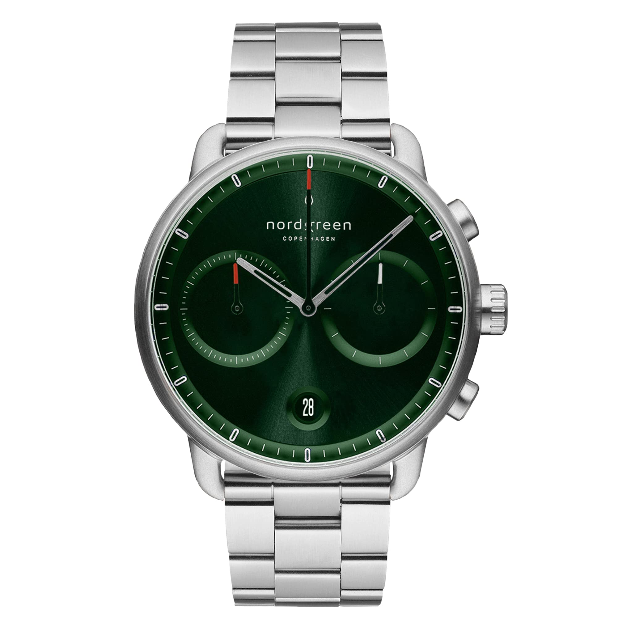 

Nordgreen Pioneer Scandinavian Design Watch Sunray Green Silver 3 Link Bracelet 42mm