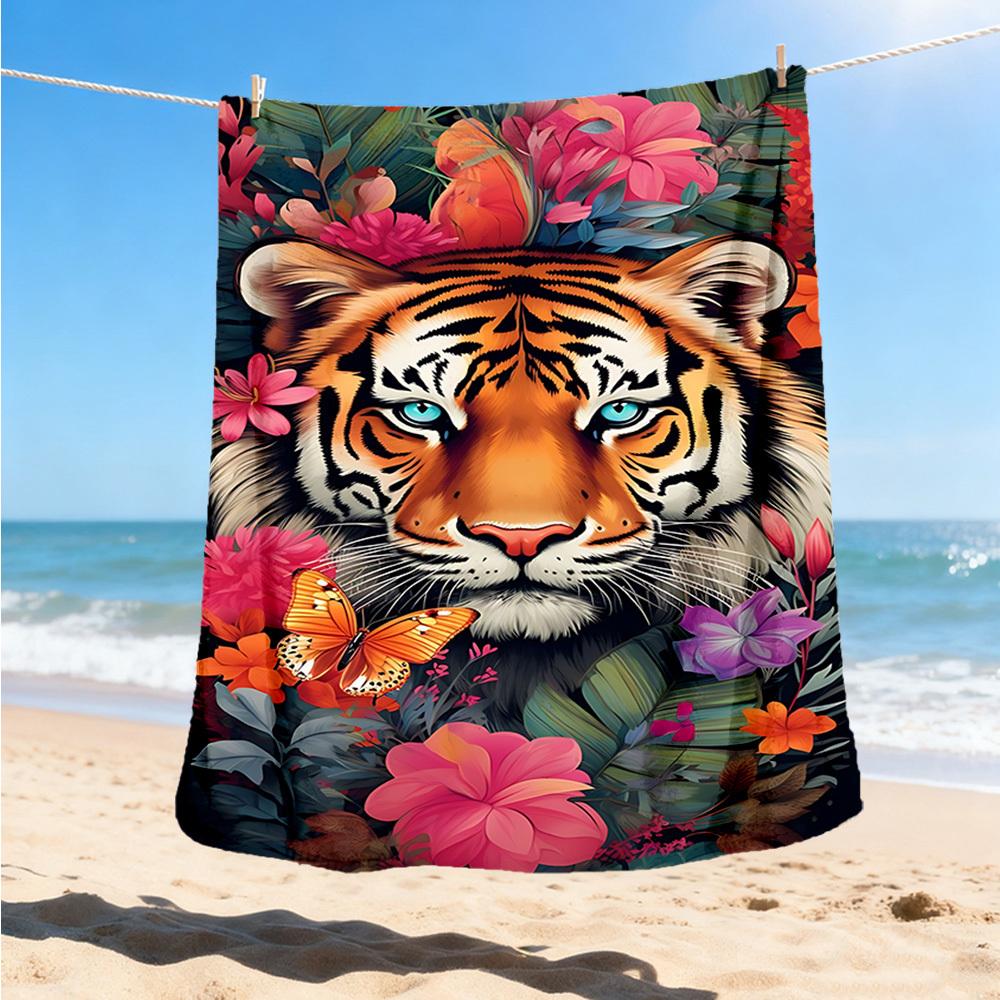 1pc Tiger Floral Print Print Outdoor Blanket, Lightweight Polyester,