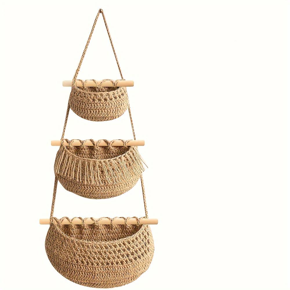 

3-х уровневая настенная корзина для хранения - плетеный вручную веревочный органайзер для фруктов, овощей и многого другого - простая установка, универсальный декор для дома, корзина для хранения коричневый